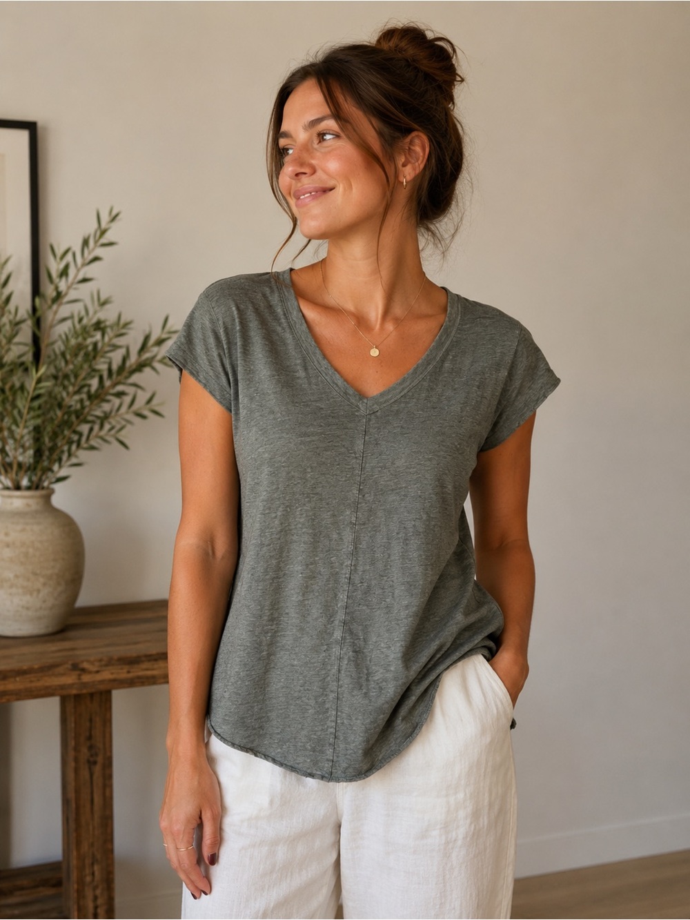 Tahari Linen T-shirt Olive Size M Relaxed Fit Coastal Casual